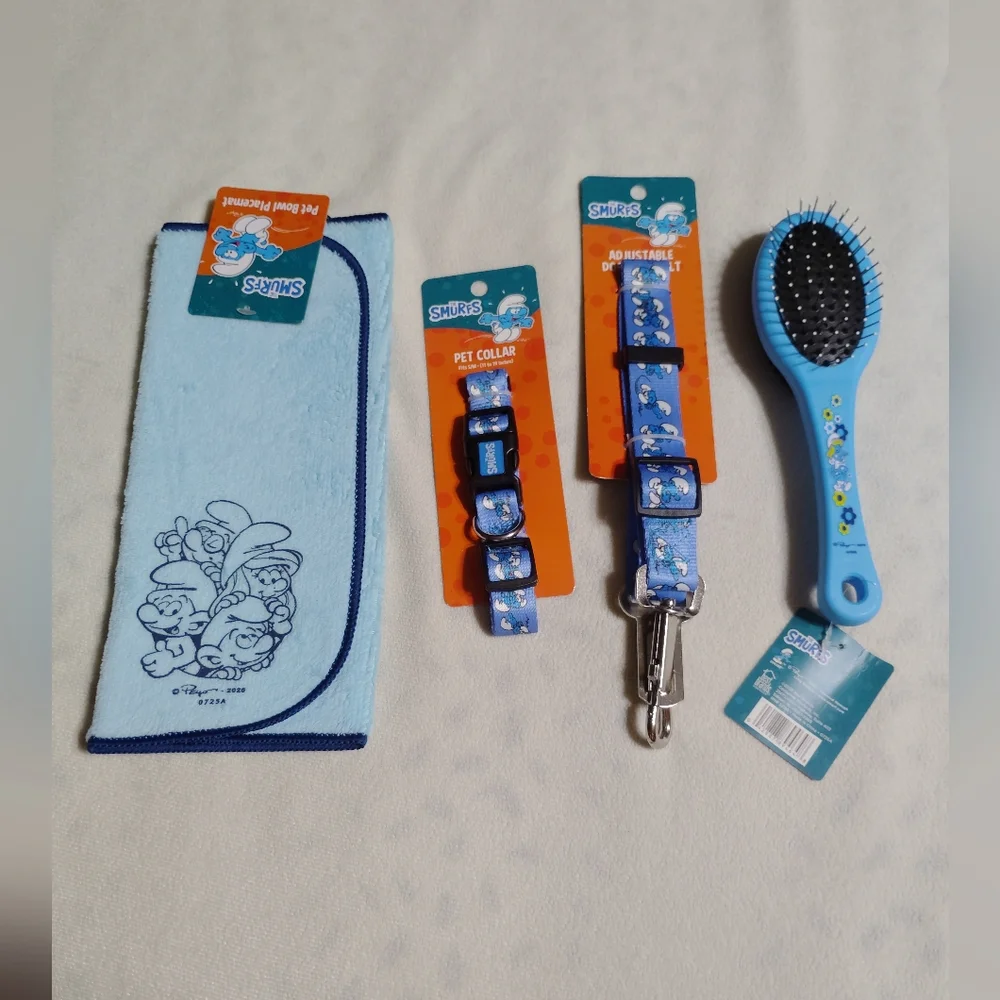 Smurfs-themed pet grooming and accessories.